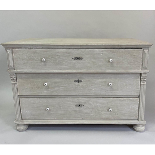 204 - COMMODE, 19th century French, of large proportions, traditionally grey painted, with three long draw... 