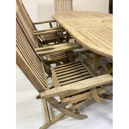 206 - GARDEN TABLE AND CHAIRS, weathered teak rounded rectangular slatted 75cm H x 119cm x 210cm L with ei... 