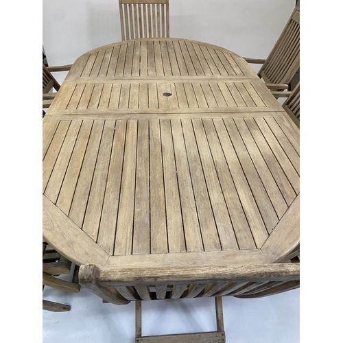 206 - GARDEN TABLE AND CHAIRS, weathered teak rounded rectangular slatted 75cm H x 119cm x 210cm L with ei... 