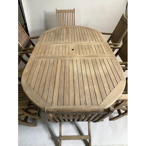 206 - GARDEN TABLE AND CHAIRS, weathered teak rounded rectangular slatted 75cm H x 119cm x 210cm L with ei... 