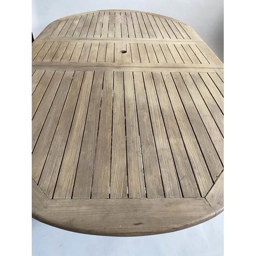 206 - GARDEN TABLE AND CHAIRS, weathered teak rounded rectangular slatted 75cm H x 119cm x 210cm L with ei... 