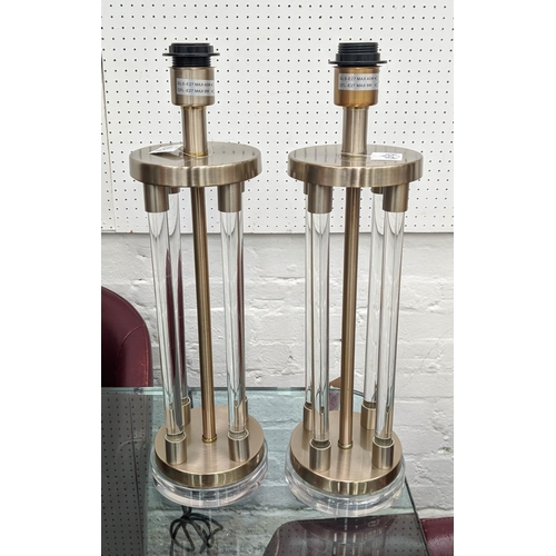 591 - TABLE LAMPS, a pair, bases including stems each 53cm H, perspex columns with shades.