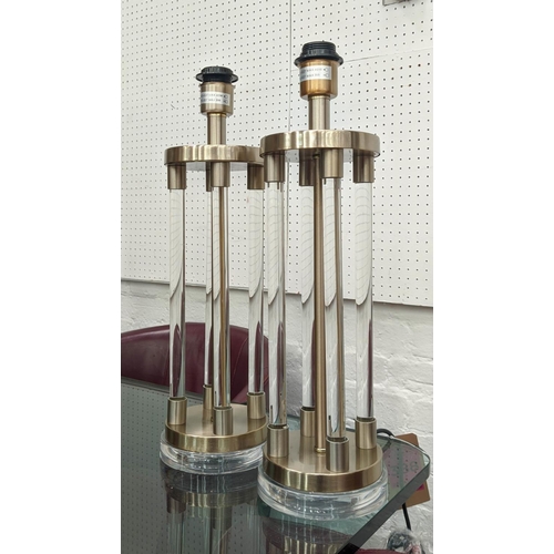 591 - TABLE LAMPS, a pair, bases including stems each 53cm H, perspex columns with shades.