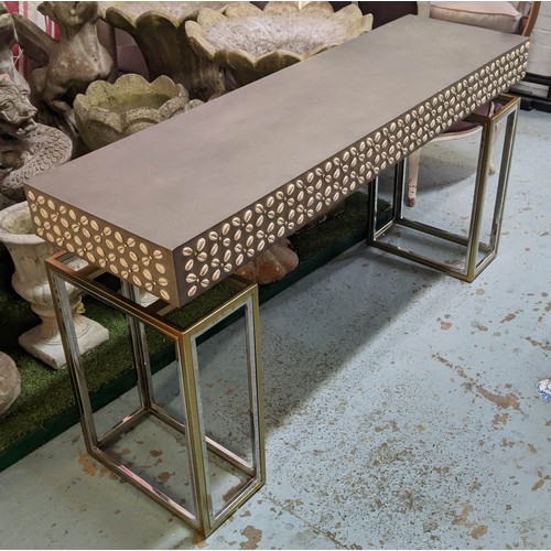 589 - CONSOLE TABLE, 140cm x 40cm x 75cm, with cowrie shell detail.