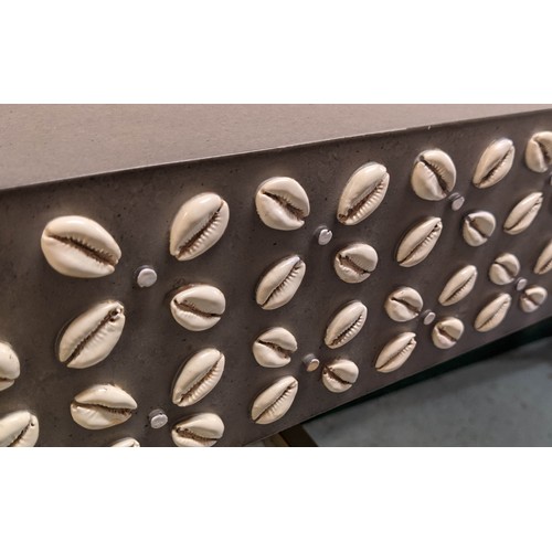 589 - CONSOLE TABLE, 140cm x 40cm x 75cm, with cowrie shell detail.