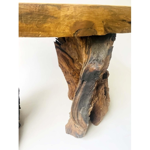 588 - ROOT GARDEN TABLE, weathered yewwood tree section and root support, 134cm x 70cm x 74cm H.