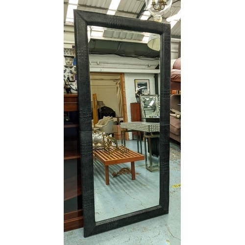 597 - WALL MIRROR, 80cm x 170cm, black faux crocodile skin frame.