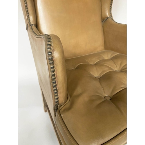 119 - WING ARMCHAIRS, a pair George III design with studded sienna leather each with button upholstered cu... 