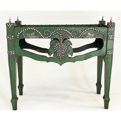 126 - WINE TABLE, an unusual green painted and silver studded, with inverted vine leaf and grapes decorati... 