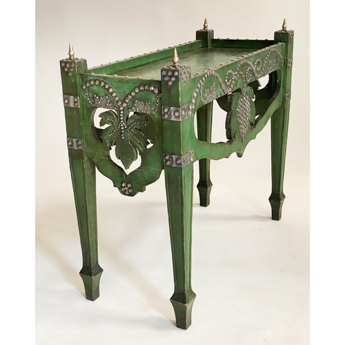 126 - WINE TABLE, an unusual green painted and silver studded, with inverted vine leaf and grapes decorati... 