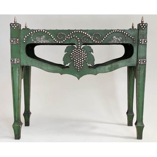 126 - WINE TABLE, an unusual green painted and silver studded, with inverted vine leaf and grapes decorati... 