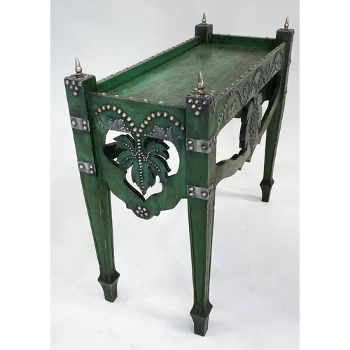 126 - WINE TABLE, an unusual green painted and silver studded, with inverted vine leaf and grapes decorati... 