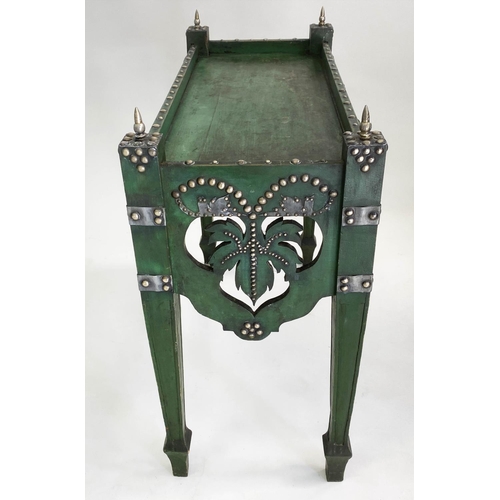 126 - WINE TABLE, an unusual green painted and silver studded, with inverted vine leaf and grapes decorati... 