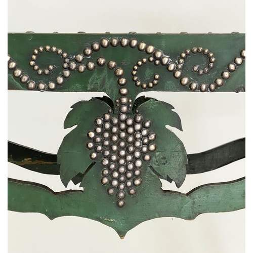 126 - WINE TABLE, an unusual green painted and silver studded, with inverted vine leaf and grapes decorati... 