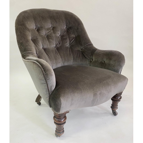 131 - ARMCHAIR, Victorian, buttoned velvet upholstered, with arched back and serpentine front, 70cm W.