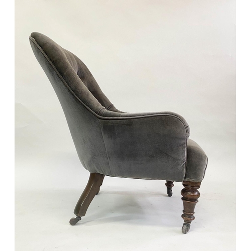 131 - ARMCHAIR, Victorian, buttoned velvet upholstered, with arched back and serpentine front, 70cm W.