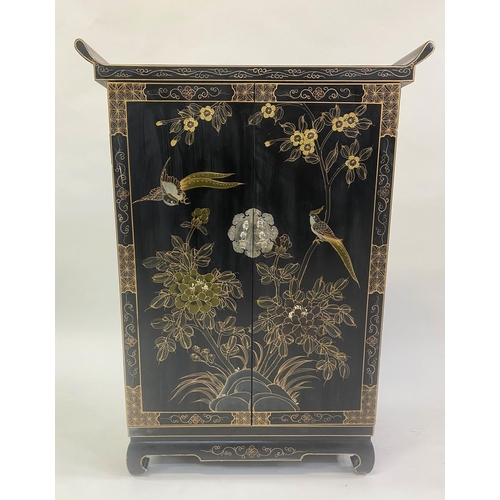 137 - SIDE CABINET, Chinese black lacquer with gilt Chinoiserie decoration and two doors, 71cm x 31cm x 10... 