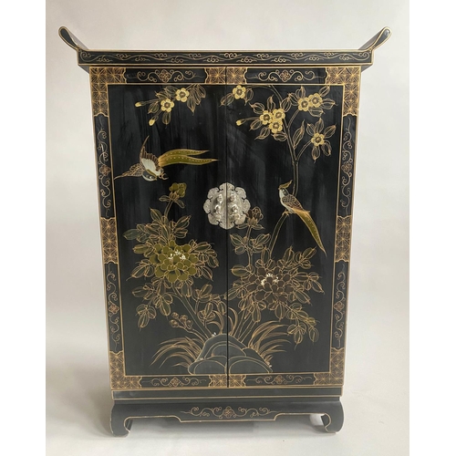 137 - SIDE CABINET, Chinese black lacquer with gilt Chinoiserie decoration and two doors, 71cm x 31cm x 10... 