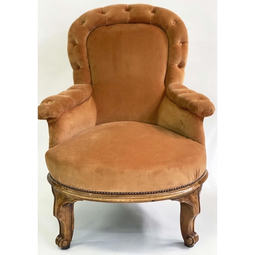 148 - ARMCHAIR, late Victorian walnut, velvet upholstered, with buttoned arms and cabriole supports, 76cm ... 