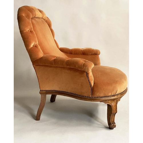 148 - ARMCHAIR, late Victorian walnut, velvet upholstered, with buttoned arms and cabriole supports, 76cm ... 