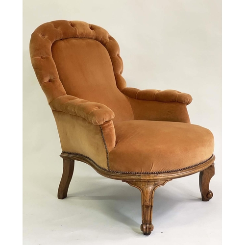 148 - ARMCHAIR, late Victorian walnut, velvet upholstered, with buttoned arms and cabriole supports, 76cm ... 