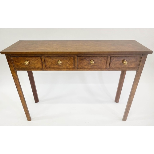 152 - HALL TABLE, George III design burr walnut and crossbanded with four frieze drawers and square sectio... 