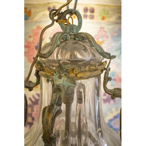 192 - HALL LANTERN, 62cm H x 42cm W, 19th century French  gilt bronze and moulded glass with three lights.