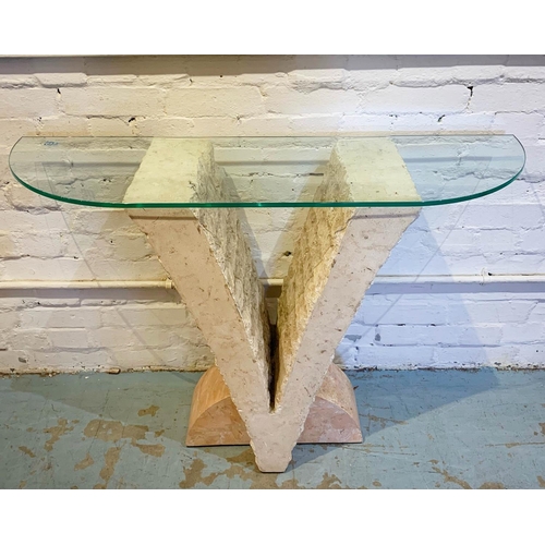 197 - CONSOLE TABLE, 75cm H x 110cm W x 32cm D, post modern design, travertine with a glass top.