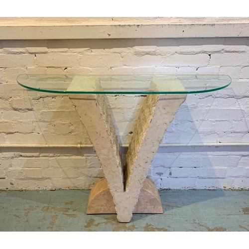 197 - CONSOLE TABLE, 75cm H x 110cm W x 32cm D, post modern design, travertine with a glass top.