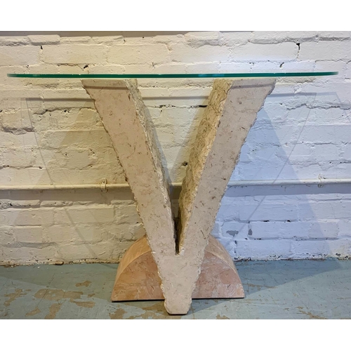 197 - CONSOLE TABLE, 75cm H x 110cm W x 32cm D, post modern design, travertine with a glass top.