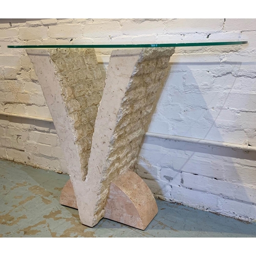 197 - CONSOLE TABLE, 75cm H x 110cm W x 32cm D, post modern design, travertine with a glass top.