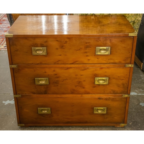 336 - CHEST, 74cm H x 81cm W x 46cm D, military style yewwood and brass bound of three drawers (ex Harrods... 