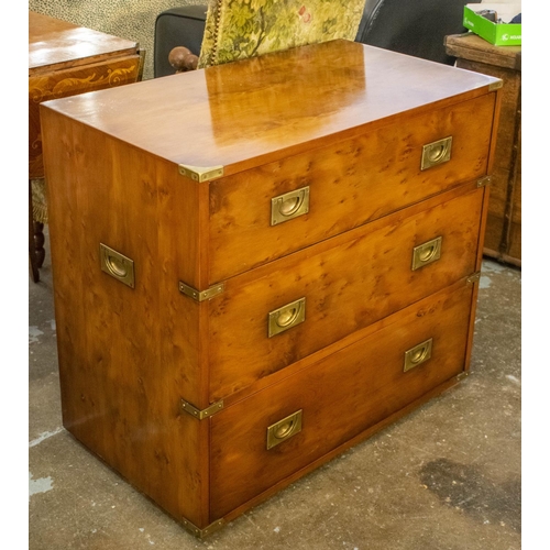 336 - CHEST, 74cm H x 81cm W x 46cm D, military style yewwood and brass bound of three drawers (ex Harrods... 