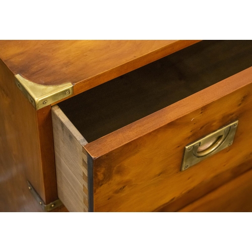 336 - CHEST, 74cm H x 81cm W x 46cm D, military style yewwood and brass bound of three drawers (ex Harrods... 