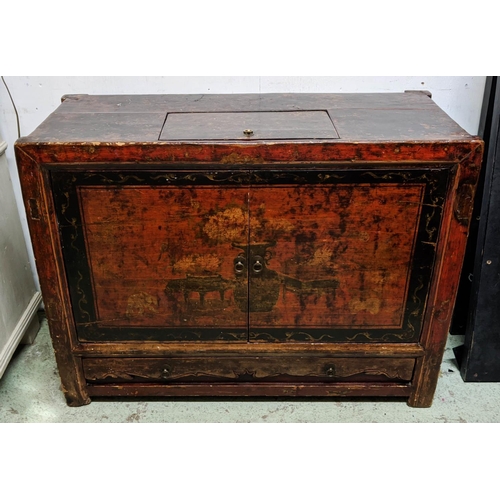 339 - CHINESE SIDE CABINET, 104cm W x 43cm D x 80cm H with storage cover to top and a pair of decorated la... 