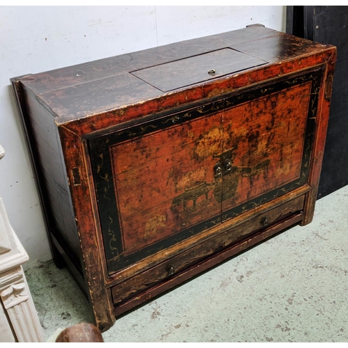 339 - CHINESE SIDE CABINET, 104cm W x 43cm D x 80cm H with storage cover to top and a pair of decorated la... 