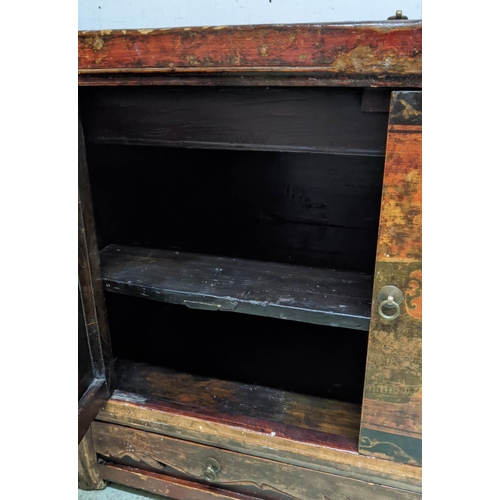 339 - CHINESE SIDE CABINET, 104cm W x 43cm D x 80cm H with storage cover to top and a pair of decorated la... 