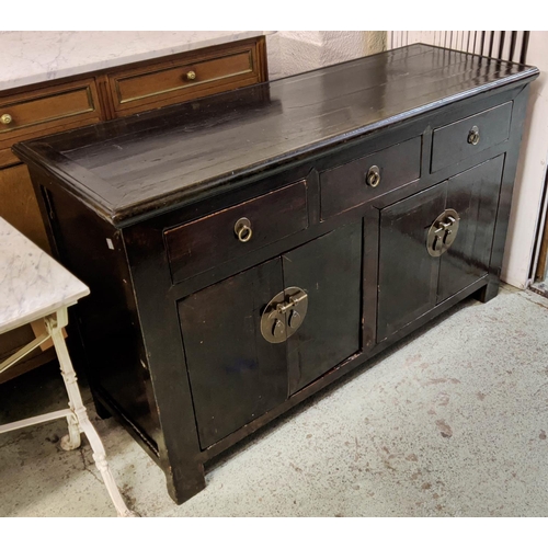 340 - INDIA JANE CHINESE SIDEBOARD, black lacquered with three drawers above four panelled doors, 140cm L ... 