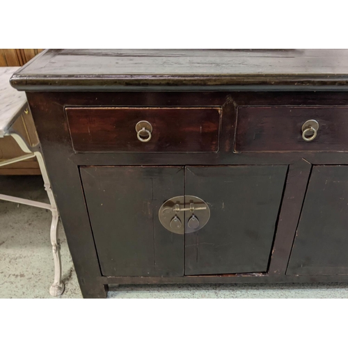 340 - INDIA JANE CHINESE SIDEBOARD, black lacquered with three drawers above four panelled doors, 140cm L ... 