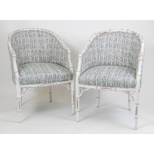 344 - TUB CHAIRS, 84cm H x 60cm, a pair, white painted simulated bamboo in patterned grey upholstery. (2)