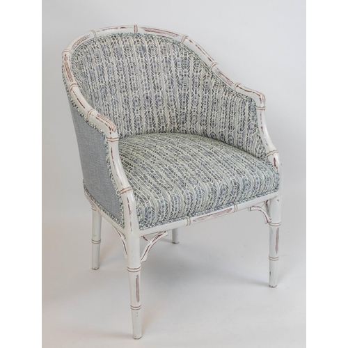 344 - TUB CHAIRS, 84cm H x 60cm, a pair, white painted simulated bamboo in patterned grey upholstery. (2)