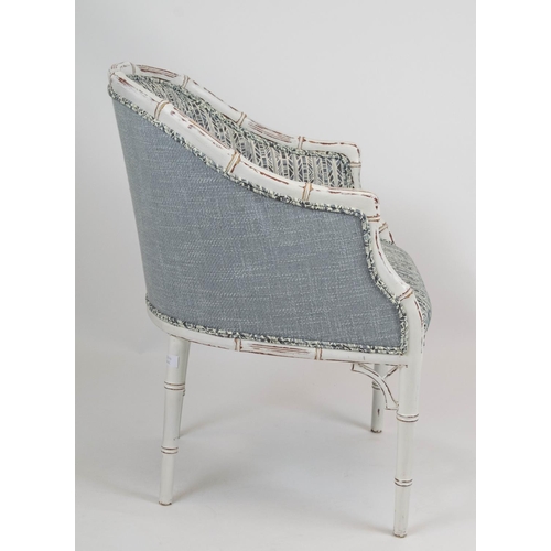 344 - TUB CHAIRS, 84cm H x 60cm, a pair, white painted simulated bamboo in patterned grey upholstery. (2)