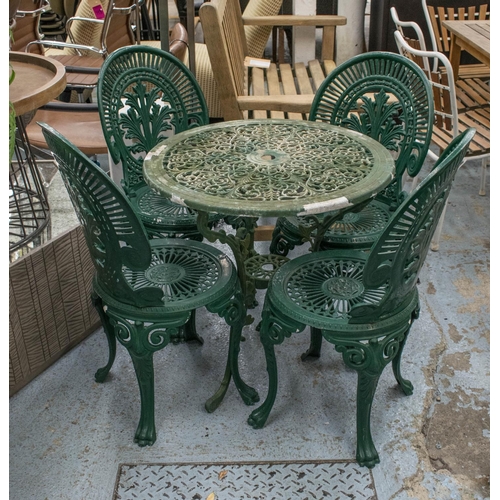 350 - GARDEN TABLE, 66cm H x 67cm D, green painted metal, and a similar set of four chairs. (5)