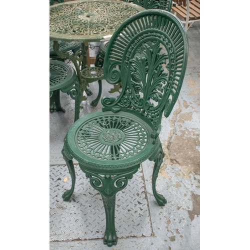 350 - GARDEN TABLE, 66cm H x 67cm D, green painted metal, and a similar set of four chairs. (5)