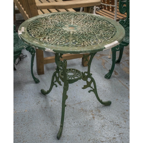 350 - GARDEN TABLE, 66cm H x 67cm D, green painted metal, and a similar set of four chairs. (5)