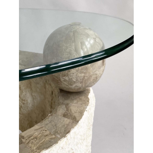 353 - COCKTAIL TABLE, oval plate glass top, raised upon modernist composite stone base, 100cm W x 69cm D x... 