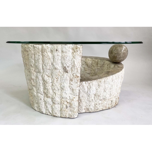 353 - COCKTAIL TABLE, oval plate glass top, raised upon modernist composite stone base, 100cm W x 69cm D x... 