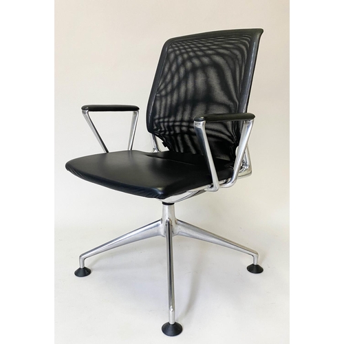 358 - VITRA DESK CHAIR, 92cm H, black leather, gauze back rotating on metal support.