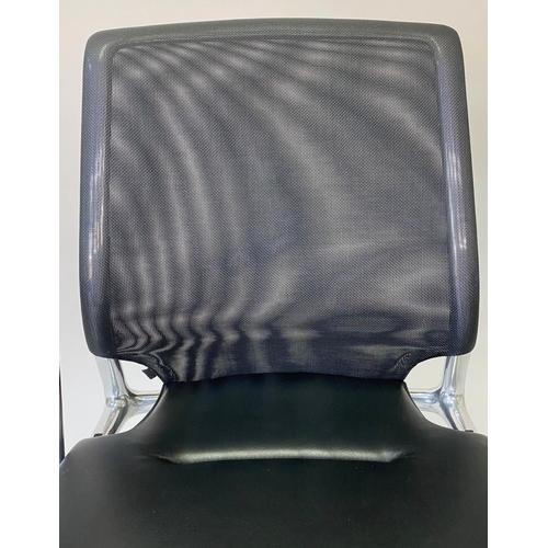 358 - VITRA DESK CHAIR, 92cm H, black leather, gauze back rotating on metal support.