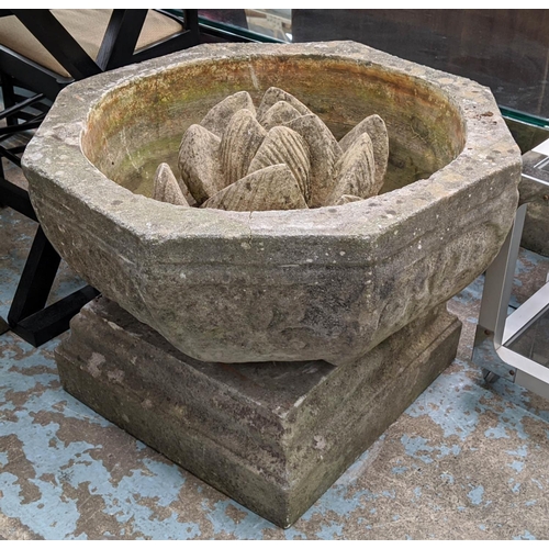 374 - ARCHITECTURAL LOTUS FLOWER WATER COUNTAIN IN URN, 65cm diam x 47cm, composite stone. (2)